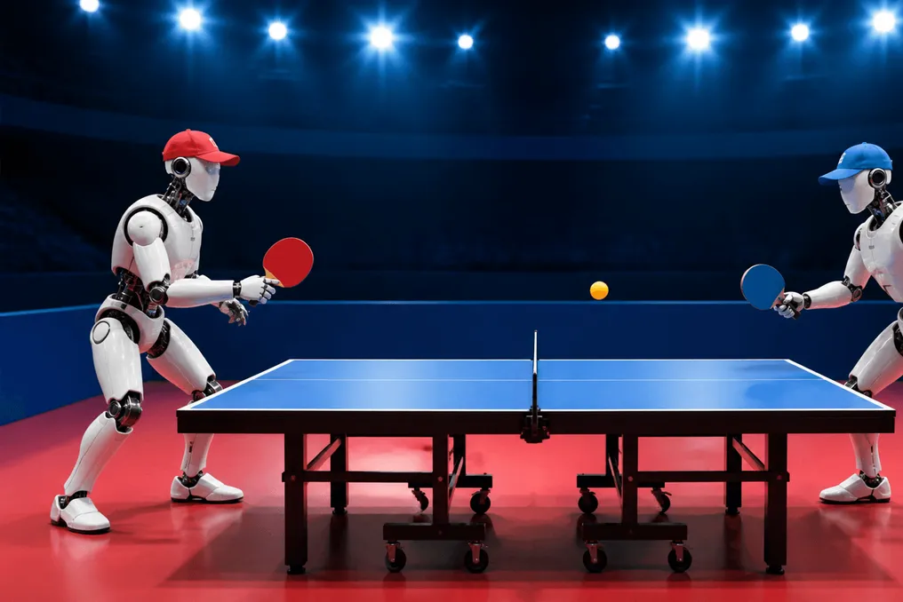 Two humanoid robots conducted a full autonomous table tennis match