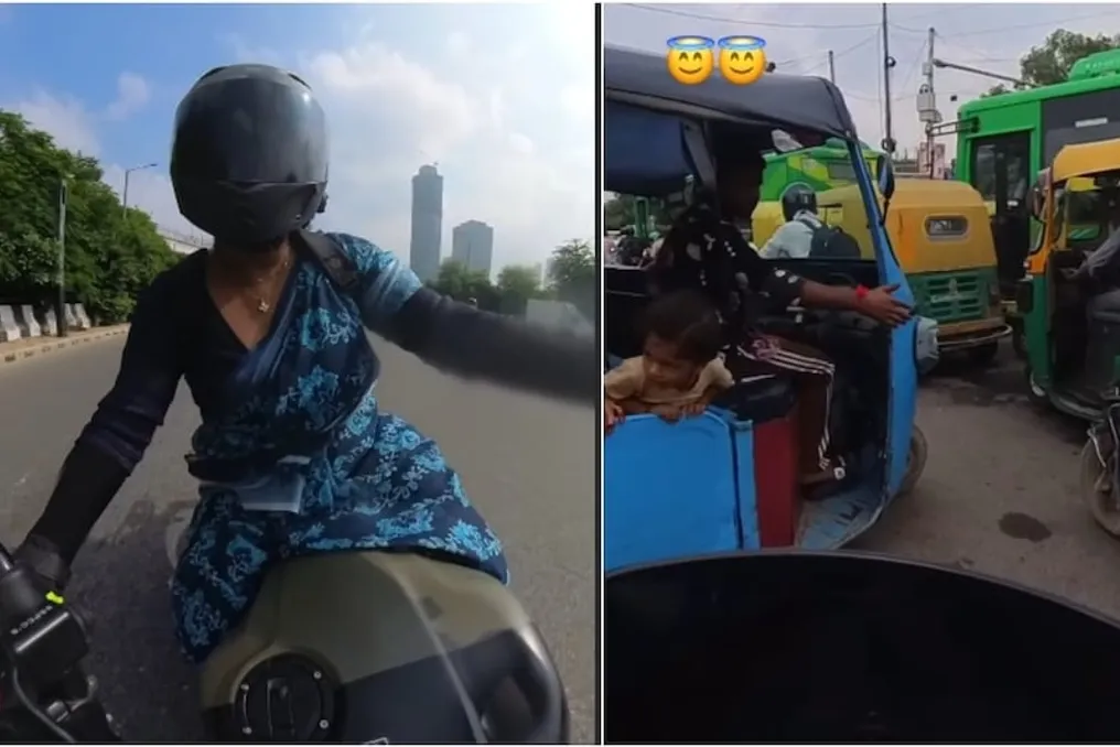 Delhiʼdagi sari kiygan ayol mototsiklda yurib, haydovchilarning qoʻllab-quvvatlashini oldi