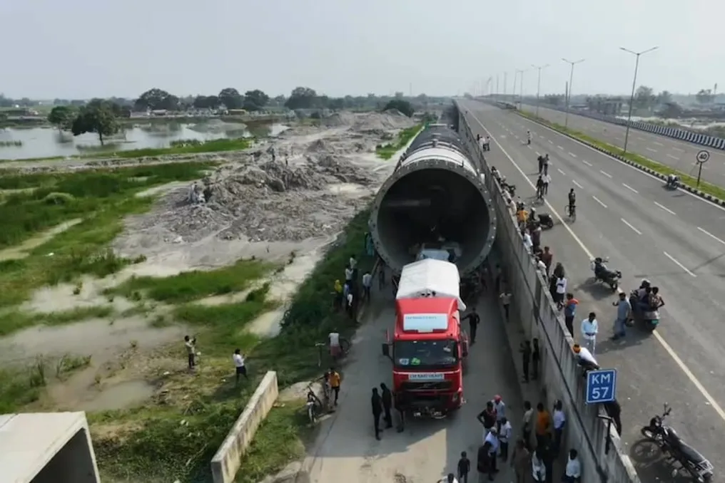 Heavy truck with 308 wheels travels from Belgium to Uttar Pradesh, requiring road construction